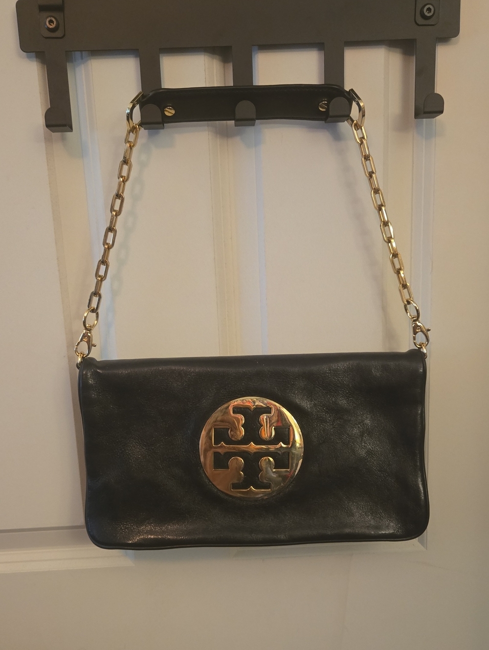 Tory Burch Black Leather Clutch with Gold Logo Chain
